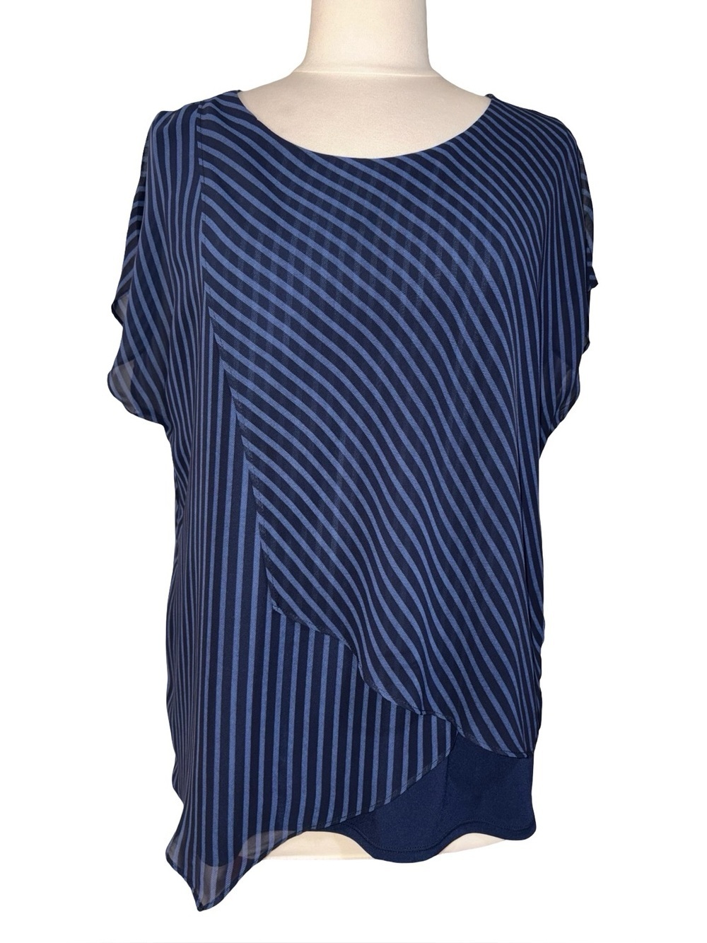 Chico’s Size 2 Blue Striped Asymmetrical Layered Blouse Sheer Overlay